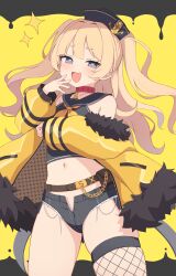 Rule 34 | + +, 1girl, absurdres, anchor hat ornament, azur lane, bache (azur lane), bare shoulders, belt, belt pouch, black sailor collar, black serafuku, black shorts, blonde hair, blush, brown belt, clenched hand, clothes pull, collar, cropped shirt, curly hair, dollar sign, fishnet thighhighs, fishnets, fur-trimmed jacket, fur trim, hair between eyes, hand to own mouth, hands up, hat ornament, hazuki lime, heart, heart-shaped pupils, highres, hip focus, jacket, jacket pull, long hair, looking at viewer, loose pants, micro shorts, midriff, navel, neckerchief, off shoulder, open clothes, open jacket, pouch, purple eyes, red collar, revealing clothes, sailor collar, school uniform, serafuku, shirt, shorts, single fishnet legwear, skindentation, sleeveless, sleeveless shirt, smug, solo, stomach, symbol-shaped pupils, thighhighs, thighs, torn clothes, torn shorts, unzipped, very long hair, yellow jacket, yellow neckerchief