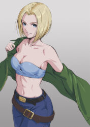 Rule 34 | 1girl, absurdres, bare shoulders, belt, blonde hair, blue eyes, blue mary, blue pants, breasts, cleavage, collarbone, commentary, fatal fury, green jacket, grey background, highres, jacket, looking at viewer, loose belt, medium breasts, midriff, multiple belts, navel, off shoulder, open clothes, open jacket, pants, parted bangs, parted lips, short hair, snk, solo, stomach, strapless, the king of fighters, the king of fighters &#039;97, tube top, tyanoki