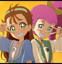 Rule 34 | 2girls, alternate hairstyle, aozora middle school uniform, back-to-back, blouse, blue shirt, blush, commentary, cosplay, costume switch, green neckerchief, green sailor collar, grin, hair down, hair pulled back, hair ribbon, hair up, hairband, hairstyle switch, jewelry, kayabakoro, laura la mer, looking at viewer, mikuru beam, multiple girls, natsuumi manatsu, neckerchief, orange background, precure, purple hair, red neckerchief, ribbon, ring, sailor collar, school uniform, serafuku, shirt, short sleeves, side ponytail, simple background, smile, tropical-rouge! precure, v, white hairband, white sailor collar, white shirt, yellow ribbon