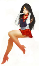Rule 34 | 1990s (style), 1girl, bad id, bad tumblr id, bishoujo senshi sailor moon, black hair, choker, diana jakobsson, elbow gloves, forehead jewel, gloves, high heels, hino rei, long hair, magical girl, pleated skirt, red skirt, sailor collar, sailor mars, shoes, sitting, skirt, solo, tiara, white gloves, unfinished