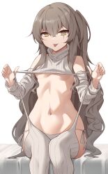 Rule 34 | 1girl, :p, act (xadachit), bare shoulders, breasts, brown hair, clothes lift, collarbone, commentary, commission, detached sleeves, english commentary, fingernails, girls&#039; frontline, hair between eyes, hands up, highres, long hair, looking at viewer, meme attire, navel, one side up, panties, scar, scar across eye, side-tie panties, sitting, small breasts, solo, stomach, sweater, sweater lift, thighhighs, tongue, tongue out, ump45 (girls&#039; frontline), underwear, virgin destroyer sweater, white background, white panties, white sweater, white thighhighs, yellow eyes
