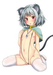 Rule 34 | 1girl, animal ears, arm behind back, blue capelet, blush, cameltoe, capelet, cleft of venus, commentary request, covered erect nipples, ebi 193, flat chest, full body, grey hair, grey one-piece swimsuit, hand up, jewelry, looking at viewer, mouse ears, mouse tail, navel, nazrin, no shoes, one-piece swimsuit, open mouth, pendant, pussy, pussy peek, red eyes, revealing clothes, shiny skin, short hair, sitting, skindentation, slingshot swimsuit, solo, stomach, swimsuit, tail, thighhighs, thighs, touhou, wariza, white thighhighs