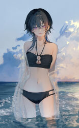 1girl achiki bikini black_bikini black_hair breasts cleavage cleavage_cutout clothing_cutout cloud collarbone cowboy_shot ichinose_uruha long_hair looking_at_viewer lupinus_virtual_games multicolored_hair navel ocean outdoors purple_eyes solo streaked_hair swimsuit tongue tongue_out virtual_youtuber vspo! wet