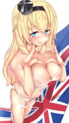 Rule 34 | 10s, 1girl, blonde hair, blue eyes, blush, braid, breasts, commentary, crown, england, eyebrows, headband, heart, heart hands, kantai collection, large breasts, lingerie, long hair, panties, red ribbon, ribbon, smile, solo, underwear, union jack, united kingdom, untue, warspite (kancolle)