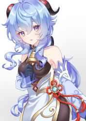 Rule 34 | 1girl, absurdres, bare shoulders, bell, blue gloves, blue hair, blush, breasts, chinese knot, detached sleeves, flower knot, ganyu (genshin impact), genshin impact, gloves, hand on own chest, highres, horns, long hair, looking at viewer, mamdtsubu, medium breasts, neck bell, parted lips, purple eyes, sidelocks, solo, tassel, vision (genshin impact), white background, white sleeves