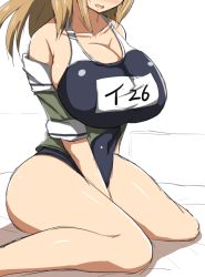 Rule 34 | 10s, 1girl, breasts, covered navel, head out of frame, huge breasts, i-26 (kancolle), kantai collection, legs, long hair, one-piece swimsuit, open mouth, sitting, sketch, solo, swimsuit, thighs, wariza, yamaori