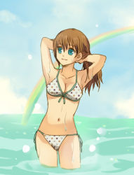 Rule 34 | 1girl, armpits, arms up, bikini, breasts, brown hair, cleavage, day, fire emblem, fire emblem: path of radiance, fire emblem: radiant dawn, green eyes, lowres, medium breasts, mist (fire emblem), nintendo, polka dot, polka dot bikini, polka dot swimsuit, rainbow, solo, swimsuit, wading, water, white bikini