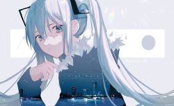 Rule 34 | 1girl, aono 99, blue eyes, blue hair, blue jacket, building, cityscape, diffraction spikes, double exposure, expressionless, fur-trimmed jacket, fur trim, hair ornament, hand up, hatsune miku, highres, jacket, lens flare, light blue hair, long hair, looking at viewer, night, night sky, ocean, rainbow, sky, skyscraper, star (sky), twintails, upper body, very long hair, vocaloid