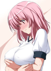 Rule 34 | 1girl, blush, breast hold, breasts, closed mouth, covered erect nipples, crossed arms, eyebrows, full-face blush, highres, large breasts, looking down, nori tamago, pink eyes, pink hair, puffy short sleeves, puffy sleeves, saigyouji yuyuko, shirt, short hair, short sleeves, simple background, solo, sweat, tareme, touhou, upper body, wavy mouth