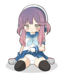 Rule 34 | 1girl, beret, black thighhighs, blue eyes, blue neckerchief, blue sailor collar, blue skirt, brown eyes, closed mouth, clothes lift, commentary request, gloves, gradient hair, grey footwear, hair ornament, hat, highres, kantai collection, lifting own clothes, loafers, long hair, looking at viewer, multicolored hair, neckerchief, panties, pink hair, pleated skirt, puffy short sleeves, puffy sleeves, purple hair, ri-net, sailor collar, school uniform, serafuku, shirt, shoes, short sleeves, sidelocks, sitting, skirt, skirt lift, smile, solo, thighhighs, tsushima (kancolle), two side up, underwear, wariza, white background, white gloves, white hat, white panties, white shirt