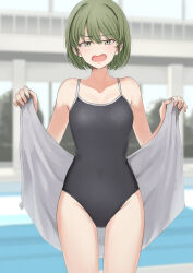 Rule 34 | 1girl, blurry, blurry background, blush, collarbone, cowboy shot, green eyes, green hair, groin, highres, holding, holding towel, idolmaster, idolmaster shiny colors, looking at viewer, nanakusa nichika, one-piece swimsuit, pool, short hair, solo, swimsuit, towel, tsurui, white towel