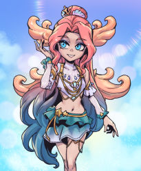 Rule 34 | 1girl, antlers, bare shoulders, blue eyes, blue sky, brown hair, character request, cloud, covered collarbone, day, detached sleeves, green hair, green skirt, grin, hair ornament, horns, layered skirt, league of legends, multicolored hair, navel, outdoors, parted bangs, phantom ix row, pink hair, prestige ocean song seraphine, seraphine (league of legends), sideways glance, skirt, sky, smile, solo, stomach, teeth, two-tone hair