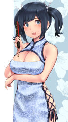 Rule 34 | 1girl, alternate costume, black hair, blue eyes, blue hair, blush, breast lift, breasts, china dress, chinese clothes, cleavage cutout, clothing cutout, cowboy shot, dress, floral background, folded fan, folding fan, from behind, hair ribbon, hand fan, highres, kantai collection, large breasts, long hair, looking at viewer, open mouth, ribbon, short hair, side-tie dress, sideboob, simple background, smile, solo, souryuu (kancolle), twintails, two-tone background, wa (genryusui), white dress
