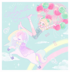 Rule 34 | 1boy, 1girl, :d, apple, apple cookie, arms up, balloon, bangs pinned back, blonde hair, bubble, calf socks, character name, cookie run, cream unicorn cookie, falling, food, fruit, green eyes, holding, holding balloon, long sleeves, mamimumemo, mary janes, medium hair, open mouth, overalls, ponytail, rainbow, scrunchie, shirt, shoes, shorts, sky, smile, sparkle, striped clothes, striped shirt, triangle mouth, unicorn