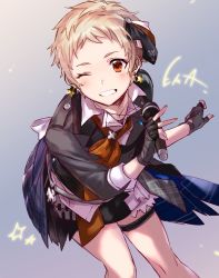 Rule 34 | 1girl, ;d, asymmetrical legwear, blonde hair, blush, chihara (t1hara), earrings, fingerless gloves, gloves, gradient background, grin, highres, holding, holding microphone, idol, idolmaster, idolmaster cinderella girls, jewelry, microphone, one eye closed, open mouth, red eyes, senzaki ema, short hair, signature, simple background, smile, solo, star (symbol), star earrings, thigh strap