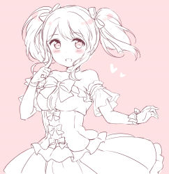 Rule 34 | 1girl, :d, bang dream!, blush, bow, bowtie, choker, collarbone, detached sleeves, dress, frilled sleeves, frills, hair ribbon, hazuki (sutasuta), highres, index finger raised, looking at viewer, maruyama aya, monochrome, open mouth, pink theme, ribbon, short sleeves, sidelocks, simple background, smile, solo, twintails, wrist bow