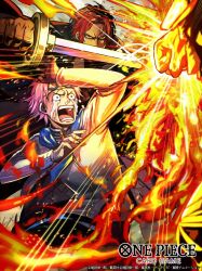 Rule 34 | 3boys, blue neckerchief, commentary request, copyright name, crying, crying with eyes open, eyewear on head, fire, headband, jacket, koby (one piece), looking ahead, male focus, multiple boys, neckerchief, nijihayashi, official art, one piece, one piece card game, open mouth, pink hair, protecting, punching, red hair, sakazuki (akainu), scar, scar on face, shanks (one piece), short hair, tears