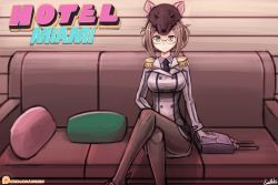 Rule 34 | 1girl, animal hood, breasts, brown eyes, brown hair, brown pantyhose, commentary, copyright name, couch, crossed legs, epaulettes, hood, hotline miami, kantai collection, katori (kancolle), large breasts, looking at viewer, lumineko, mask, mask on head, military, military uniform, mouse hood, on couch, pantyhose, parody, patreon, patreon username, pillow, pun, richter (hotline miami), short hair, sitting, solo, uniform, watermark, web address