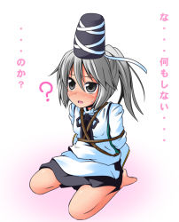 Rule 34 | 1girl, ?, bound, female focus, grey eyes, hat, hat ribbon, ichimi, japanese clothes, kariginu, mononobe no futo, open mouth, ponytail, ribbon, shirt, silver hair, sitting, skirt, solo, tied up (nonsexual), touhou, translation request