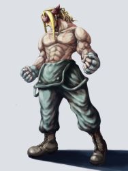 Rule 34 | 1boy, abs, alex (street fighter), blonde hair, blue eyes, boots, capcom, clenched hands, fingerless gloves, gloves, highres, long hair, male focus, muscular, overalls, scar, topless male, solo, street fighter, street fighter iii (series), towel5656