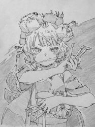 Rule 34 | 1girl, absurdres, brush, fate/grand order, fate (series), flower, graphite (medium), greyscale, hair flower, hair ornament, hairpin, highres, japanese clothes, katsushika hokusai (fate), matatabeat, monochrome, mouth hold, short hair, sleeves rolled up, solo, traditional media, wavy hair