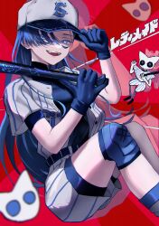 Rule 34 | 1girl, absurdres, adjusting clothes, adjusting headwear, ado (utaite), baseball bat, baseball cap, baseball uniform, blue eyes, blue gloves, blue hair, cloud nine inc, commentary, drop shadow, gloves, hat, highres, knee pads, long hair, looking at viewer, merry (ado), open mouth, readymade (ado), red background, short sleeves, shorts, solo, song name, sportswear, takayou, teeth, upper teeth only, white shorts