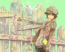 Rule 34 | 1boy, androgynous, bad id, bad pixiv id, belt, box, brown eyes, brown hair, cabbie hat, child&#039;s drawing, crayon, drawing, fence, hat, jacket, male focus, original, routemoc, solo