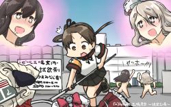 Rule 34 | 3girls, akagi (kancolle), ass, ayanami (kancolle), blush, bow, breasts, brown eyes, brown hair, building, commentary request, dated, drooling, hair bow, hamu koutarou, highres, kantai collection, light brown hair, long hair, medium breasts, miniskirt, multiple girls, nude, open mouth, outdoors, pleated skirt, pola (kancolle), polearm, ponytail, running, sasumata, satsumata, school uniform, skirt, standing, standing on one leg, sweeping, symbol-shaped pupils, wavy mouth
