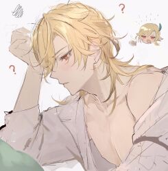 Rule 34 | 1boy, alcohol, beer mug, blonde hair, blush, cup, ear piercing, feather hair ornament, feathers, genshin impact, grey background, gumilkx, hair between eyes, hair ornament, highres, holding, holding cup, kaveh (genshin impact), male focus, mug, multiple views, nipples, off shoulder, open clothes, open mouth, parted lips, piercing, red eyes, shirt, simple background, sketch, squiggle, sweat, upper body