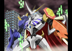 Rule 34 | absurdres, armor, bandai, cape, city, digimon, fangs, full armor, green eyes, highres, horns, no humans, omegamon, royal knights, sword, weapon