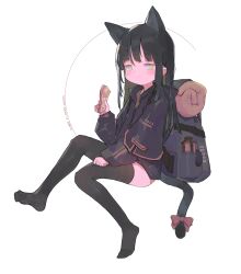Rule 34 | 1girl, artist name, bag, black hair, black jacket, black thighhighs, blush, bow, cat tail, closed mouth, daquan wubai, highres, holding, jacket, long hair, no shoes, original, simple background, solo, tail, tail bow, tail ornament, thighhighs, white background, yellow eyes