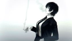 Rule 34 | 1girl, black hair, black necktie, blazer, breasts, chainsaw man, cigarette, collared shirt, eyepatch, formal, hand in pocket, highres, himeno (chainsaw man), holding, holding cigarette, jacket, large breasts, looking to the side, necktie, open mouth, shirt, short hair, simple background, smoke, smoking, solo, suit, suit jacket, tada hajime, white background, white shirt