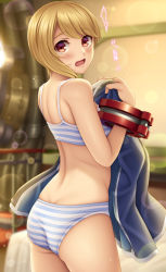Rule 34 | 1girl, annette koenig, ass, bare arms, bare shoulders, bed, blonde hair, blue jacket, blurry, blurry background, bra, bracelet, butt crack, character request, commentary request, cowboy shot, depth of field, from behind, god eater, highres, holding, holding clothes, holding jacket, indoors, jacket, jacket on shoulders, jewelry, looking at viewer, looking back, open mouth, panties, red eyes, short hair, solo, striped bra, striped clothes, striped panties, swept bangs, translation request, underwear, watanuki kaname