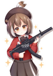 1girl absurdres aged_down beret brown_eyes brown_hair grandapple71 gun hat hat_feather head_tilt highres holding holding_gun holding_weapon hololive hololive_english long_sleeves looking_at_viewer multicolored_hair nanashi_mumei pleated_skirt rifle short_hair skirt solo streaked_hair suppressor virtual_youtuber weapon white_hair