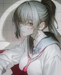 Rule 34 | 1girl, bath, blood, blood in water, blue eyes, blue neckerchief, breasts, closed mouth, expressionless, genderswap, genderswap (mtf), grey eyes, grey hair, hair between eyes, heterochromia, indoors, jujutsu kaisen, long hair, looking at viewer, mahito (jujutsu kaisen), medium breasts, neckerchief, pale skin, ponytail, shadow, shirt, sidelocks, simple background, sitting, solo, stitched arm, stitched face, stitched neck, stitches, wall, wanke, white shirt