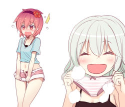 Rule 34 | 2girls, :d, ?, ^ ^, alternate costume, blush, bow, bow panties, casual, closed eyes, clothes removed through clothes, clothes theft, contemporary, female focus, female pervert, flower, hair flower, hair ornament, hairband, heavy breathing, holding, holding clothes, holding panties, holding underwear, komeiji koishi, komeiji satori, long hair, midriff, minamura haruki, multiple girls, navel, no headwear, no panties, open mouth, panties, pervert, pink eyes, pink hair, short hair, short shorts, shorts, siblings, side ponytail, silver hair, simple background, sisters, sketch, smile, striped clothes, striped panties, surprised, tears, theft, touhou, unbuttoned, underwear, underwear theft, unworn panties, white background