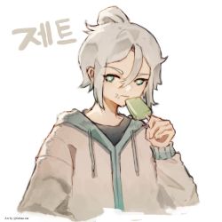 Rule 34 | 1girl, absurdres, animification, black shirt, character name, commentary, cropped torso, eating, english commentary, fathan.ma, flat chest, food, green eyes, grey hoodie, hair behind ear, highres, holding, holding food, hood, hoodie, jett (valorant), korean text, looking to the side, popsicle, shirt, solo, upper body, valorant, white background