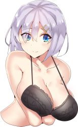 Rule 34 | 10s, 1girl, bare shoulders, black bra, blue eyes, blush, bra, breast press, breasts, cleavage, closed mouth, cropped torso, hair between eyes, hair ornament, hair over eyes, hairclip, hamakaze (kancolle), kantai collection, large breasts, moruchi (rinaka moruchi), short hair, silver hair, simple background, smile, solo, underwear, white background
