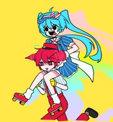 Rule 34 | black eyes, black mouth, blue hat, drill hair, hat, hatsune miku, highres, kasane teto, mesmerizer (vocaloid), mxzu, open mouth, pants, pink eyes, pink hair, pink pants, roller skates, sharp teeth, shirt, shoes, short sleeves, simple background, sitting on shoulder, skates, smile, striped clothes, striped shirt, teeth, tongue, tongue out, twin drills, utau, visor cap, vocaloid, yellow background
