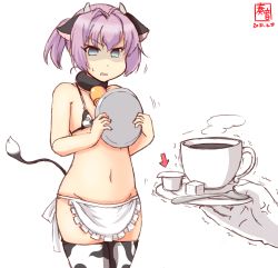 Rule 34 | 1girl, alternate costume, anger vein, animal ears, animal print, apron, artist logo, bell, bikini, blue eyes, coffee, coffee cup, commentary request, cow ears, cow horns, cow print, cow tail, cowbell, cup, dated, disposable cup, fake animal ears, fake horns, fake tail, frilled apron, frills, highres, holding, holding tray, horns, kanon (kurogane knights), kantai collection, neck bell, pink hair, print bikini, print legwear, shaded face, shiranui (kancolle), short hair, short ponytail, simple background, solo focus, sugar cube, swimsuit, tail, thighhighs, tray, waist apron, white apron, white background
