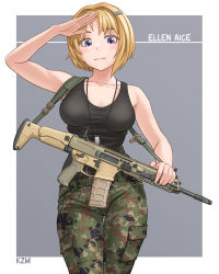 Rule 34 | 1girl, assault rifle, blush, border, camouflage, camouflage pants, character name, collarbone, ellen aice, eyebrows hidden by hair, grey background, gun, highres, holding, holding gun, holding weapon, kzm (sub-moa works), looking at viewer, medium hair, muv-luv, muv-luv alternative, muv-luv unlimited: the day after, pants, rifle, salute, shirt tucked in, short hair, sling (weapon), smile, solo, tank top, weapon, white border