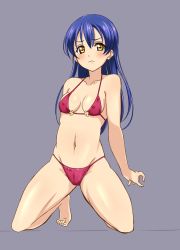 Rule 34 | 10s, 1girl, areola slip, barefoot, bikini, blue hair, blush, breasts, brown eyes, covered erect nipples, full body, kneeling, long hair, looking at viewer, love live!, love live! school idol project, navel, purple background, simple background, small breasts, solo, sonoda umi, swimsuit, turkey min, yellow eyes