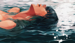 Rule 34 | 1girl, absurdres, afloat, bad id, bad pixiv id, black hair, breasts, closed eyes, commentary request, day, from side, highres, huge filesize, lying, medium breasts, ocean, on back, original, outdoors, parted lips, partially submerged, signature, solo, upper body, utayoi (umakatare), water