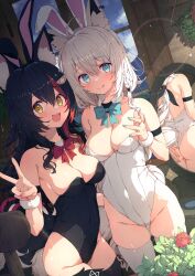 Rule 34 | 2girls, :d, :q, absurdres, ahoge, animal ear fluff, animal ears, ass, bare shoulders, black hair, black leotard, black thighhighs, blue bow, blue bowtie, blue eyes, bow, bowtie, breasts, cleavage, closed mouth, extra ears, fake animal ears, fox girl, hand on another&#039;s ass, highres, hololive, large breasts, lens flare, leotard, looking at viewer, medium breasts, mirror, multiple girls, ookami mio, open mouth, playboy bunny, rabbit ears, red bow, red bowtie, reflection, shirakami fubuki, smile, sy4, thighhighs, thighs, tongue, tongue out, v, virtual youtuber, white hair, white leotard, white thighhighs, window, wolf girl, yellow eyes