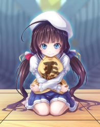 Rule 34 | 10s, 1girl, ahoge, barefoot, beret, blue eyes, brown hair, closed mouth, commentary request, feet, hat, highres, hinatsuru ai, long hair, looking at viewer, ryuuou no oshigoto!, sitting, smile, solo, twintails, wariza, white hat, yossui (siny0726)