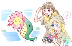 Rule 34 | !, 2girls, :d, :o, absurdres, arm up, bandana, binoculars, blonde hair, blue eyes, blue hair, blush, braid, breast pocket, brown hair, brown helmet, brown shirt, brown shorts, center-flap bangs, commentary request, creature, flower head, gradient hair, helmet, highres, holding, holding binoculars, kachimachi kosuzu, light blue hair, link! like! love live!, long hair, love live!, multicolored hair, multiple girls, neckerchief, open mouth, osawa rurino, parted bangs, pith helmet, pocket, ponytail, red eyes, red neckerchief, shirt, short sleeves, shorts, side ahoge, side braids, sidelocks, smile, spoken exclamation mark, straight hair, v-shaped eyebrows, virtual youtuber, yellow bandana, zangemiya