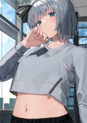 Rule 34 | 1girl, absurdres, black hairband, blue eyes, blush, bob cut, casual, ceiling, closed mouth, commentary request, grey hair, hairband, highres, konpaku youmu, long sleeves, looking at viewer, mamemochi, midriff, navel, short hair, solo, stomach, sweat, sweatdrop, touhou, upper body, window, zipper pull tab