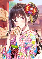 Rule 34 | 1girl, blurry, blurry background, blush, brown eyes, brown hair, closed mouth, commentary request, depth of field, ema, fingernails, floral print, from side, hair ornament, hands up, highres, holding, japanese clothes, kimono, long sleeves, looking at viewer, morikura en, nail polish, obi, original, pink nails, print kimono, sash, sidelocks, signature, smile, solo, striped clothes, striped kimono, upper body, vertical-striped clothes, vertical-striped kimono, wide sleeves
