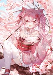 Rule 34 | 1girl, :d, absurdres, animal ear fluff, animal ears, blush, breasts, cat ears, cat girl, cherry blossoms, cleavage, commentary request, dango, detached collar, fang, flower, food, frilled kimono, frilled skirt, frills, hair between eyes, hair flower, hair ornament, highres, holding, holding food, holding umbrella, in tree, japanese clothes, kimono, knee up, large breasts, long hair, looking at viewer, noyu (noyu23386566), obi, off shoulder, open mouth, original, parasol, pink eyes, pink hair, pink kimono, pink skirt, pink theme, sanshoku dango, sash, sidelocks, sitting, sitting in tree, skirt, smile, solo, thighhighs, tree, twintails, umbrella, wagashi, white thighhighs, zettai ryouiki