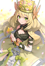 Rule 34 | 1girl, absurdres, bare shoulders, blonde hair, breasts, celine (fire emblem), cleavage, commentary request, dress, fire emblem, fire emblem engage, flower, gonzarez, green eyes, hat, highres, holding, holding flower, long hair, looking at viewer, medium breasts, nintendo, smile, solo, very long hair